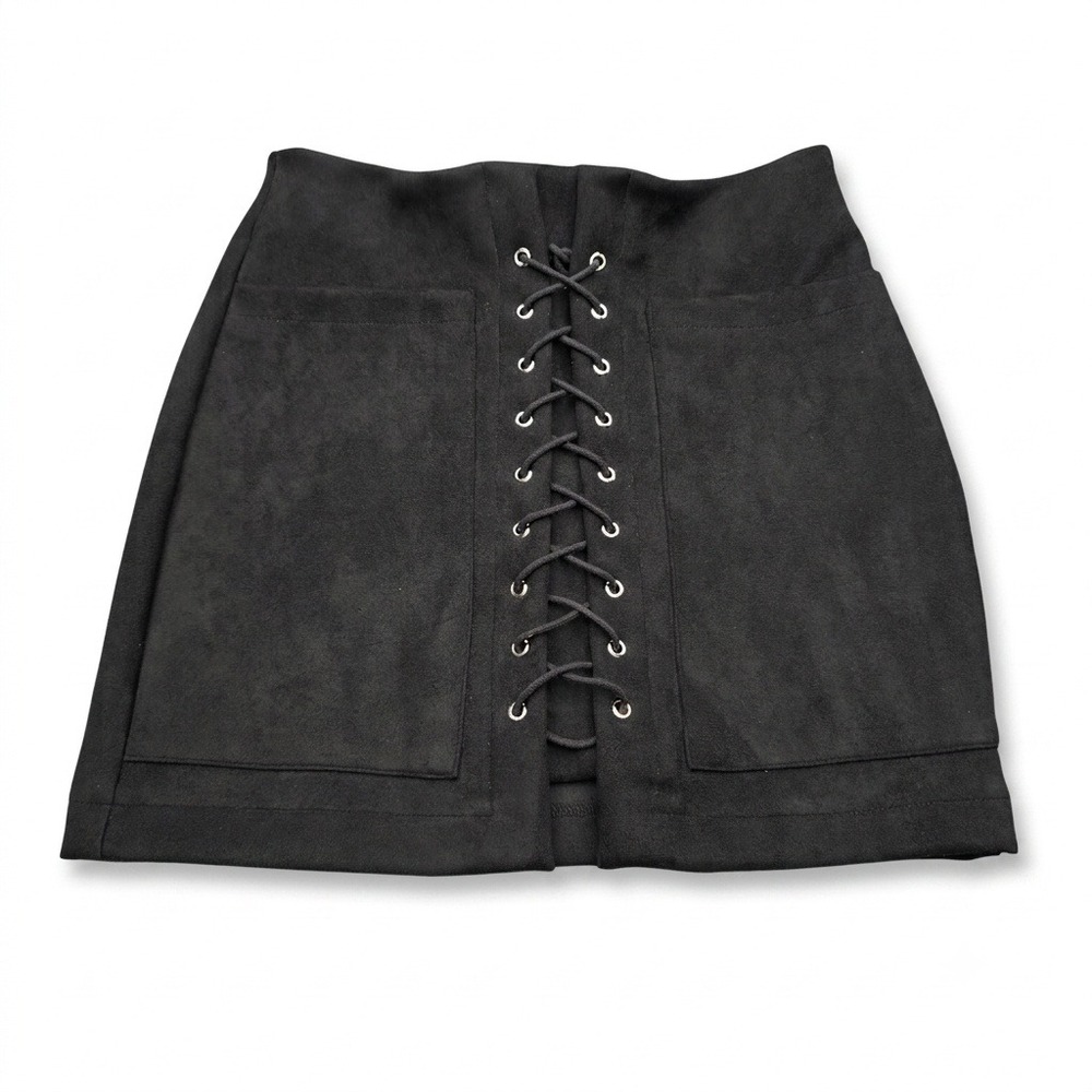 NWT Mystery Jane Size S Black Cut Ties‎ Faux Suede Lace Up Mini Skirt Goth Edgy